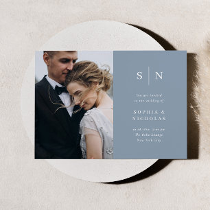 Invitación Mínimo y Chic Boda de Fotos Azul Polvoriento