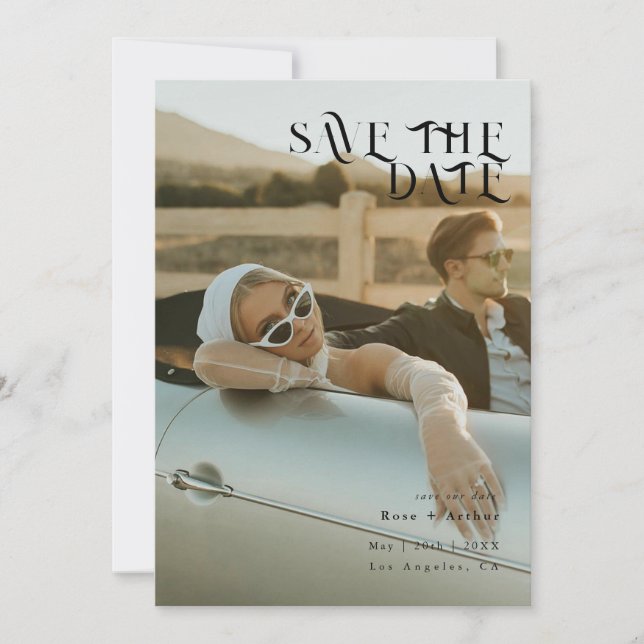 Invitación Mínimo y chic negro y blanco Save the date (Anverso)