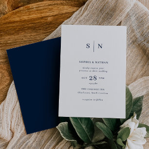 Invitación Mínimo y Moda   Blanco con Boda azul marino