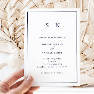 Invitación Mínimo y Moda   Boda fronterizo blanco y naval