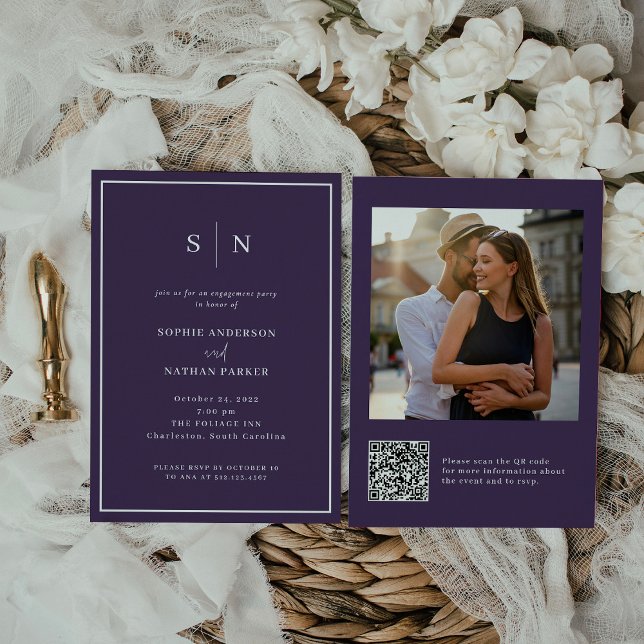 Invitación Mínimo y Moda | Foto de código QR de la Parte Cont (A colorful and modern engagement party invitation in dark purple!)
