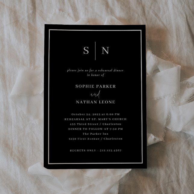 Invitación Mínimo y Moda Negro | Cena de ensayo elegante (A dark, black, modern and elegant choice for your wedding rehearsal dinner invitation)