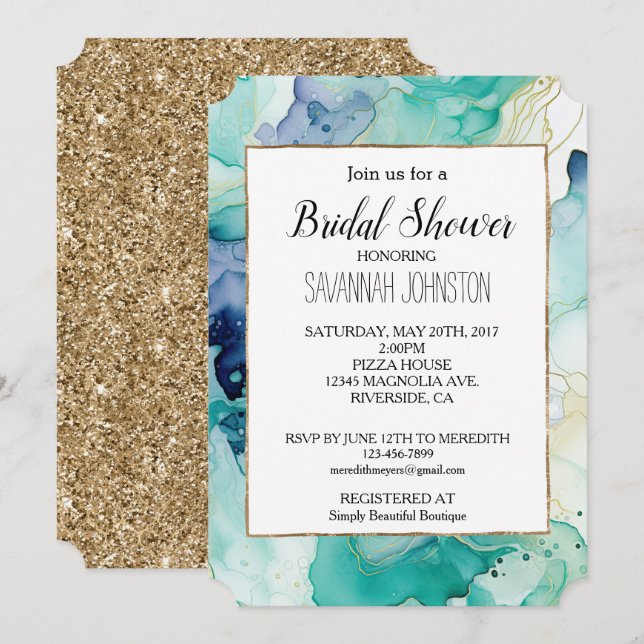 Invitación Mint Aqua Blue Ink Marble (Anverso / Reverso)