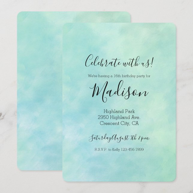 Invitación Mint Aqua Blue Tie Dye Watercolor (Anverso / Reverso)