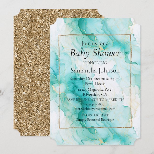 Invitación Mint Aqua Glam Elegant Gold Marble (Anverso / Reverso)