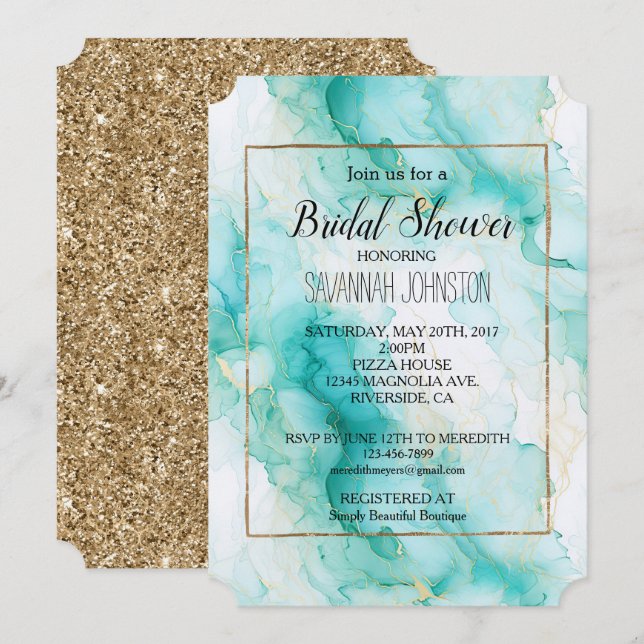 Invitación Mint Aqua Glam Elegant Gold Marble (Anverso / Reverso)