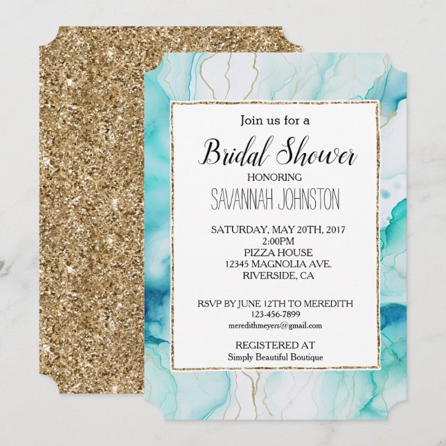 Invitación Mint Aqua Gold Ink Marble (Anverso / Reverso)