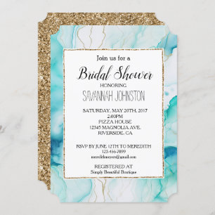 Invitación Mint Aqua Gold Ink Marble