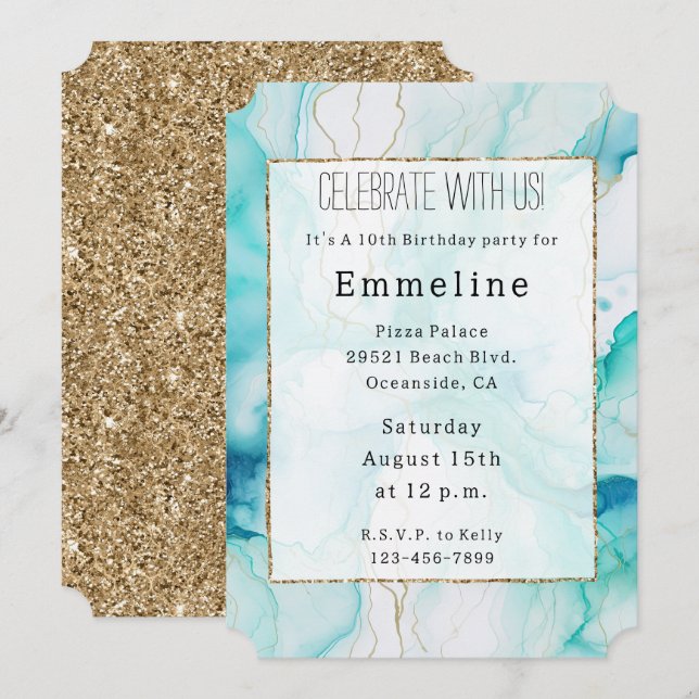 Invitación Mint Aqua Gold Mermaid Tinta Marble (Anverso / Reverso)