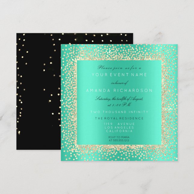 Invitación Mint Aqua Mint de Confetti Negro Mínimo Champaigne (Anverso / Reverso)