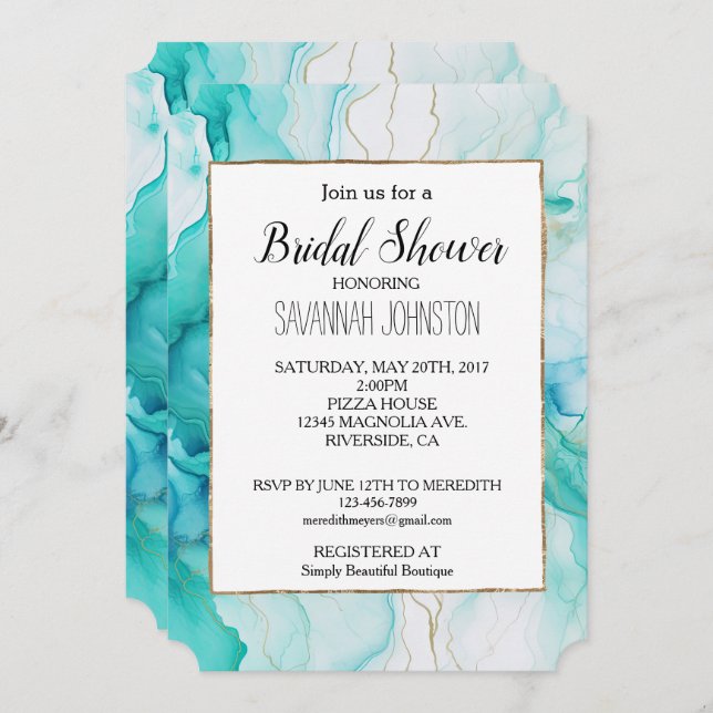 Invitación Mint Aqua Mint Gold Marble Blanco (Anverso / Reverso)