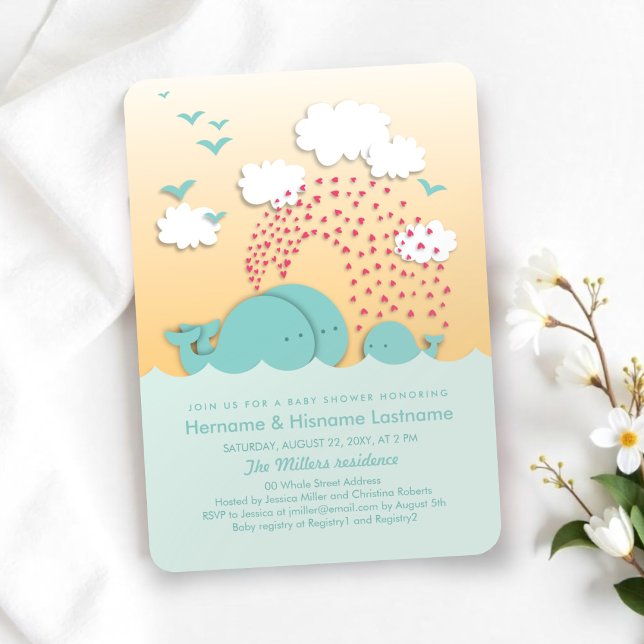 Invitación Mint Ballenas Parejas Neutrales Sunset Baby Shower (Subido por el creador)