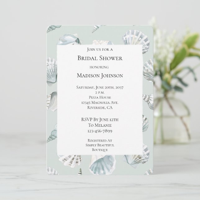 Invitación Mint Beach Ocean Sea Shells Bridal Shower (Anverso de pie)