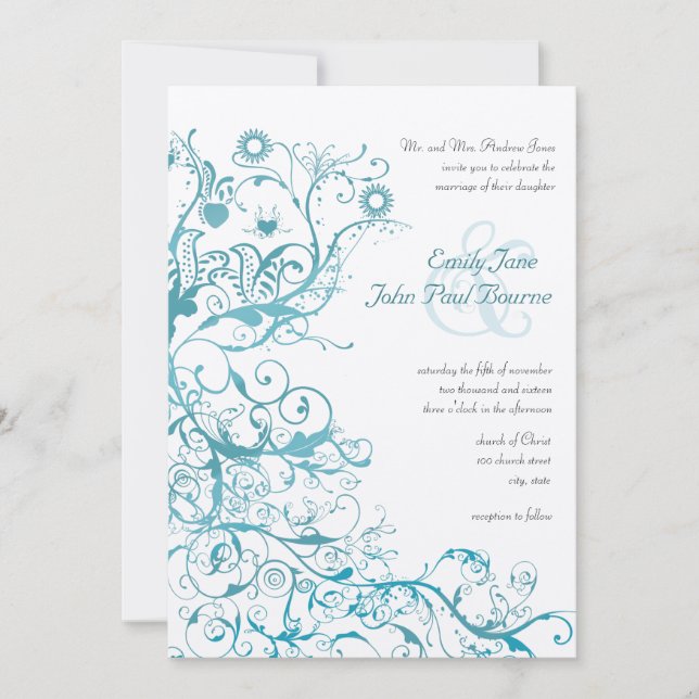 Invitación Mint Birds Swirls Wedding Invita (Anverso)