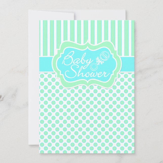 Invitación Mint, Blue, White Stripes, Dots Baby Shower Invita (Anverso)