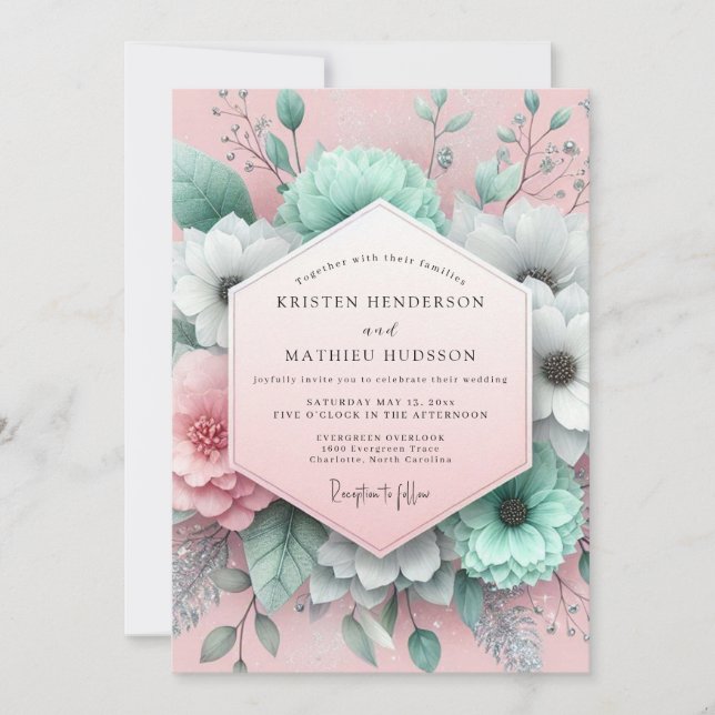 Invitación Mint Blush Painterly Flora Wedding (Anverso)