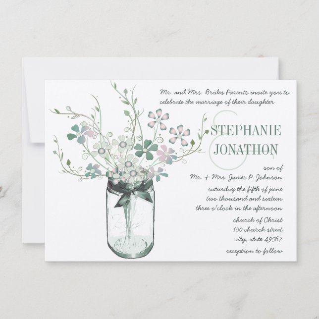 Invitación Mint Blush Pink Mason Jar Wild Flower Wedding (Anverso)