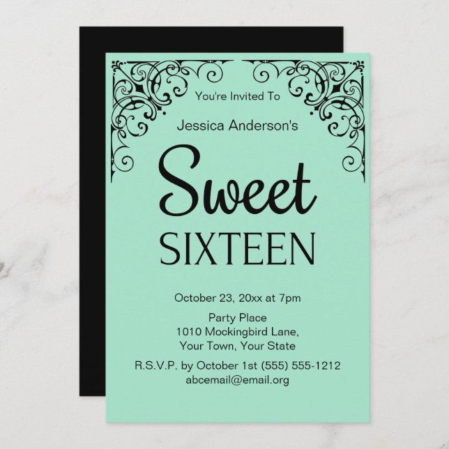 Invitación Mint Boutique Mint Green Black Sweteen (Anverso / Reverso)
