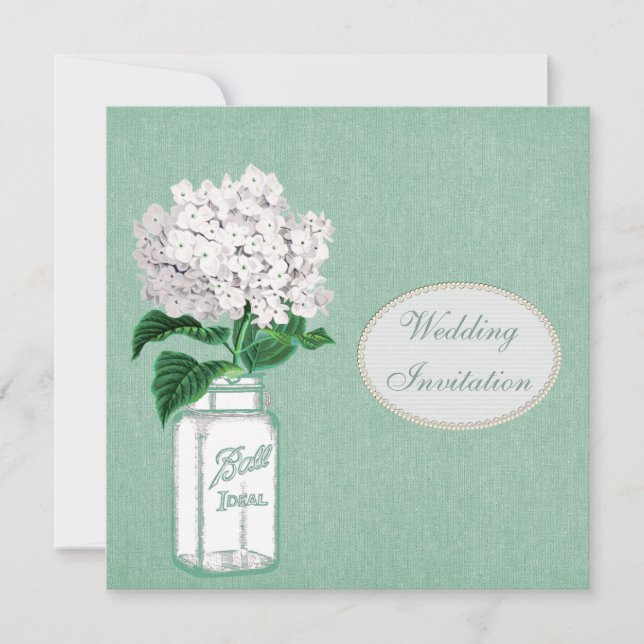 Invitación Mint Burlap, Mason Jar & Hydrangea Boda (Anverso)