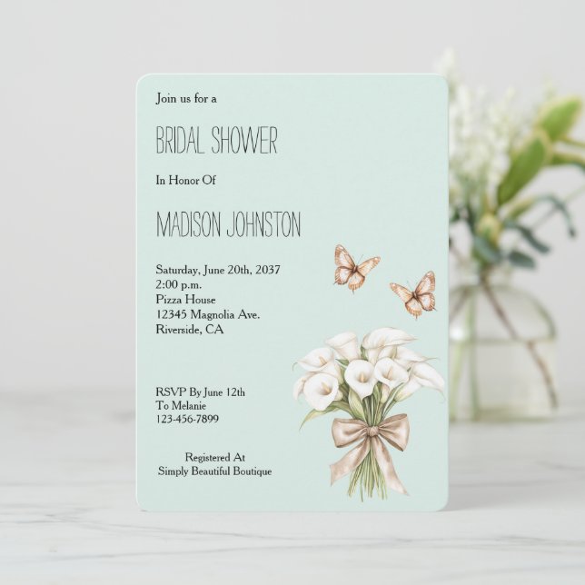 Invitación Mint Calla Lilly Floral Butterflies Bridal Shower (Anverso de pie)