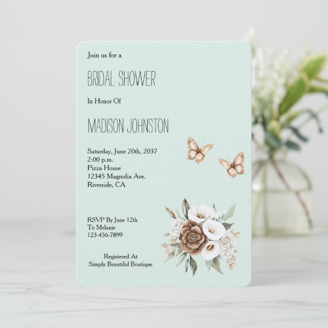 Invitación Mint Calla Lilly Flowers Butterflies Bridal Shower (Anverso de pie)