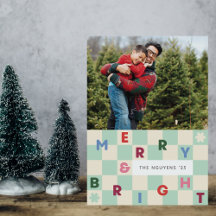Mint Checkerboard Merry & Bright Christmas Card