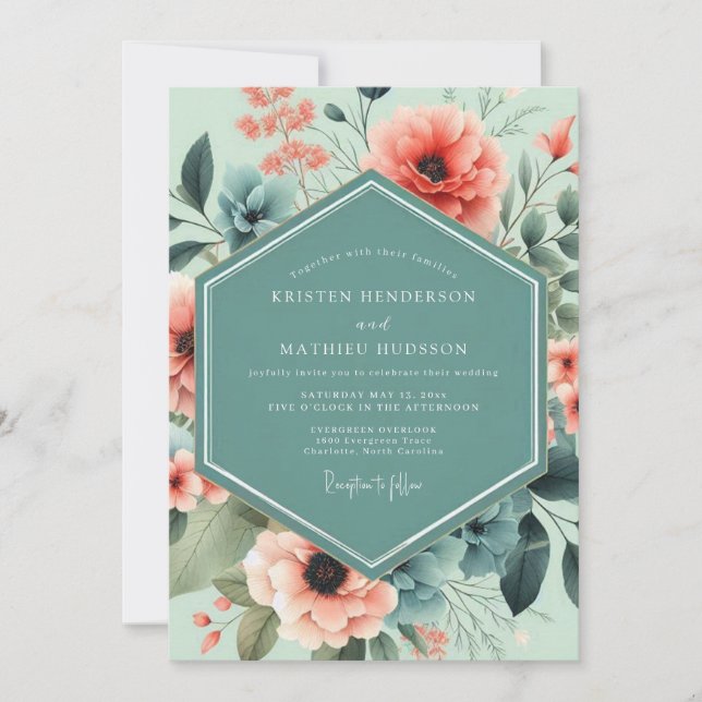 Invitación Mint Coral Artistic Bloom Wedding (Anverso)
