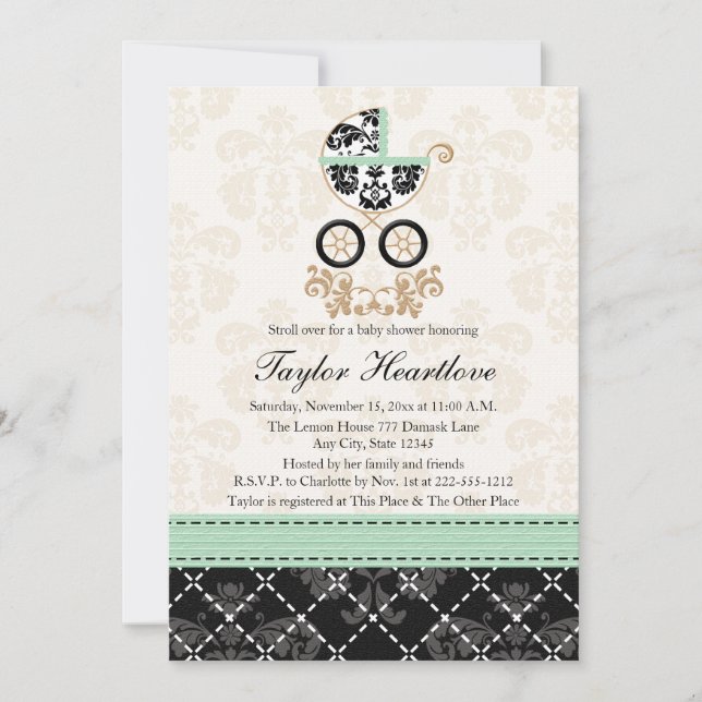 INVITACIÓN MINT DAMASK BABY TRANSPORTE BABY SHOWER (Anverso)