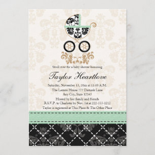 INVITACIÓN MINT DAMASK BABY TRANSPORTE BABY SHOWER