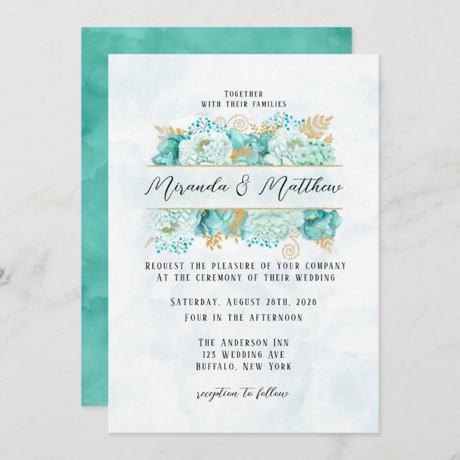 Invitación Mint Florals y Boda de oliage de oro (Anverso / Reverso)