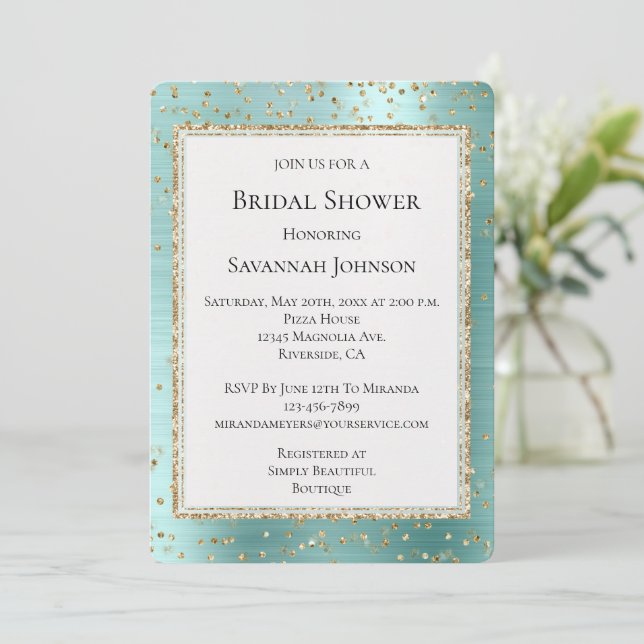 Invitación Mint Glam Gold Sparkle Confetti Bridal Shower (Anverso de pie)