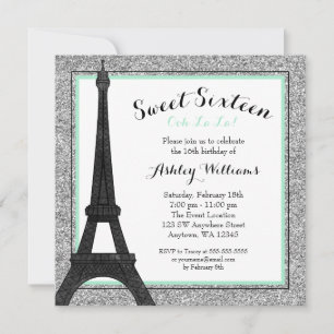 Invitación Mint Glam Paris Tema Faux Purpurina Sweet 16