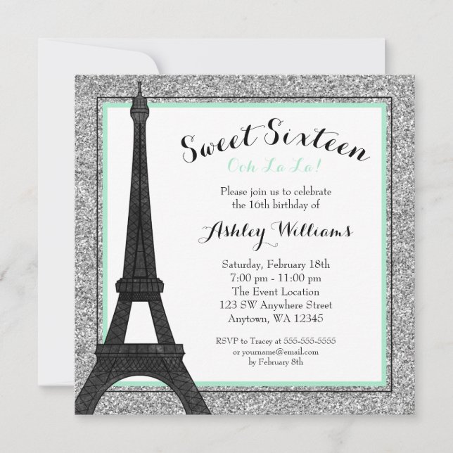 Invitación Mint Glam Paris Tema Faux Purpurina Sweet 16 (Anverso)