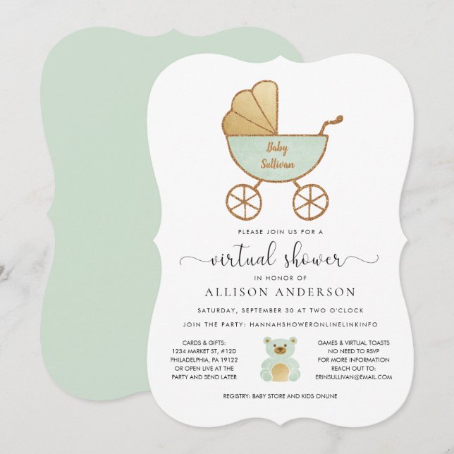 Invitación Mint Gold de la Fábrica Retro de Baby Shower virtu (Anverso / Reverso)