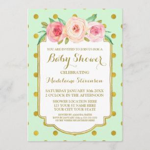 Invitación Mint Gold Dots Watercolor Floral Baby Shower