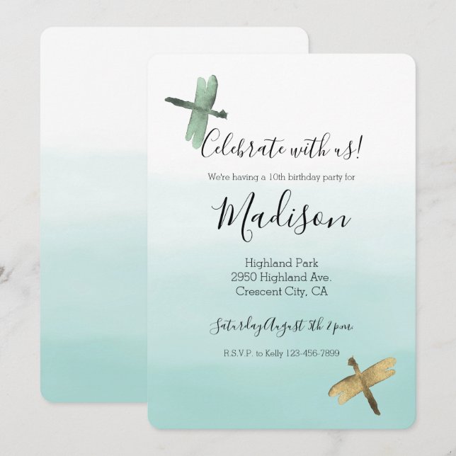 Invitación Mint Gold Dragonflies Ombre Watercolor (Anverso / Reverso)