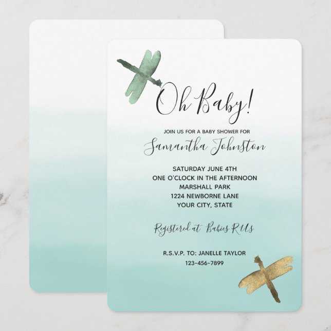 Invitación Mint Gold Dragonflies Ombre Watercolor (Anverso / Reverso)