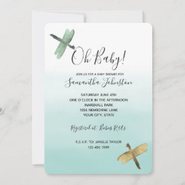 Invitación Mint Gold Dragonflies Ombre Watercolor