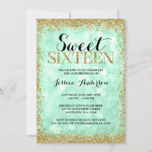 Invitación Mint Gold Faux Purpurinas Luces Dulce 16 Cumpleaño