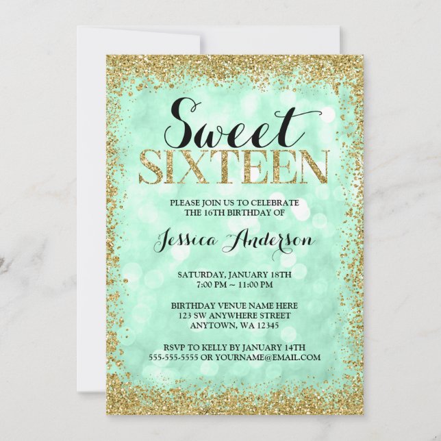 Invitación Mint Gold Faux Purpurinas Luces Dulce 16 Cumpleaño (Anverso)