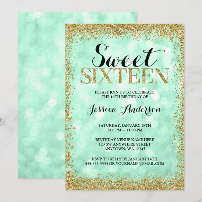 Invitación Mint Gold Faux Purpurinas Luces Dulce 16 Cumpleaño (Anverso / Reverso)