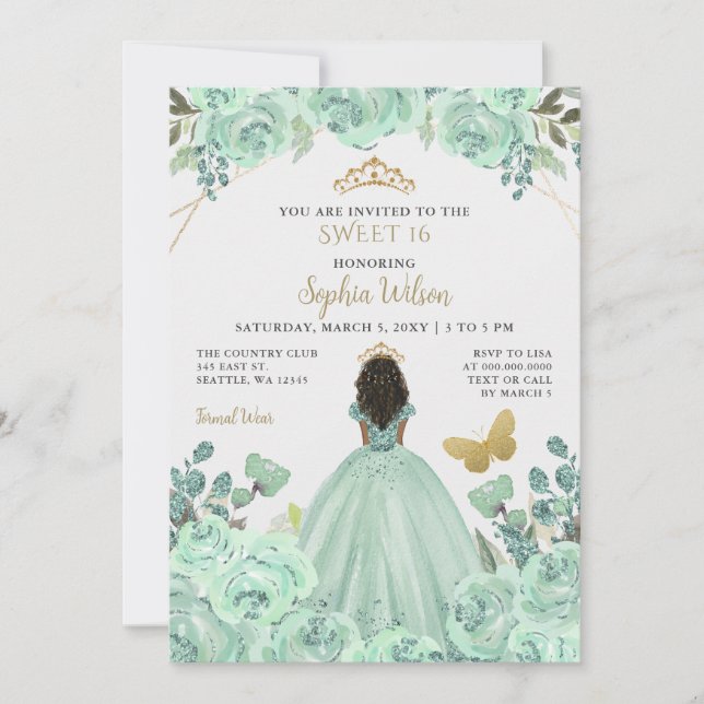 Invitación Mint Gold Floral Princesa Mariposa Dulce 16 (Anverso)