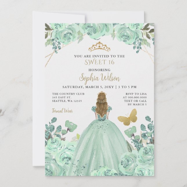 Invitación Mint Gold Floral Princesa Mariposa Dulce 16 (Anverso)