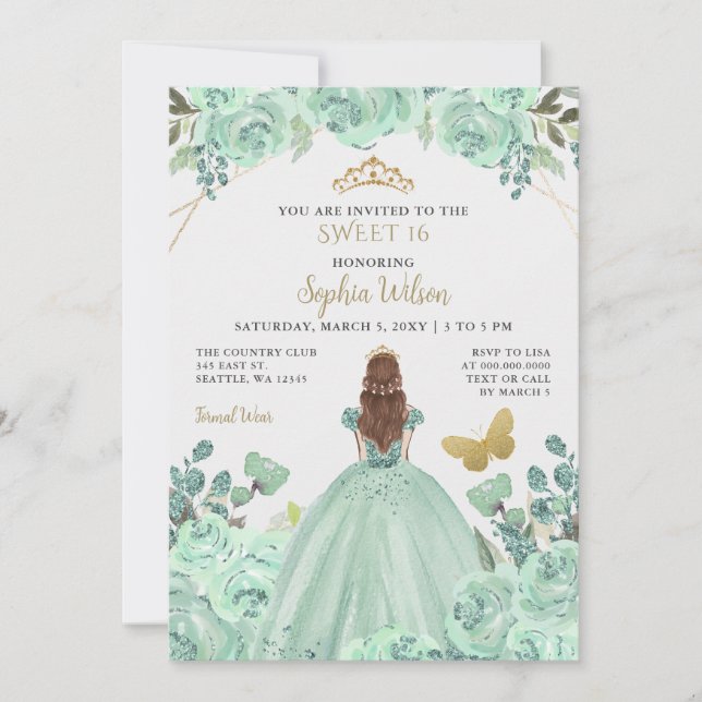 Invitación Mint Gold Floral Princesa Mariposa Dulce 16 (Anverso)