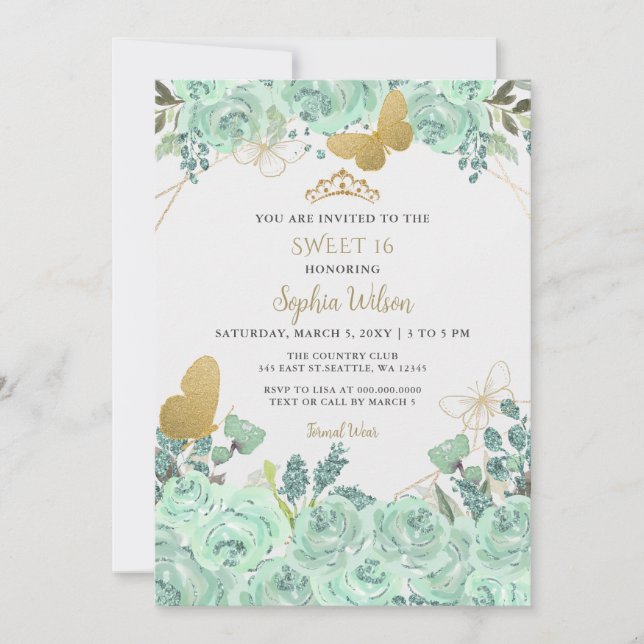 Invitación Mint Gold Floral Tiara Mariposa Sweet 16 (Anverso)