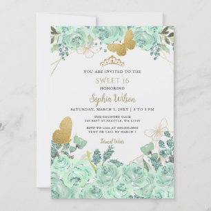 Invitación Mint Gold Floral Tiara Mariposa Sweet 16