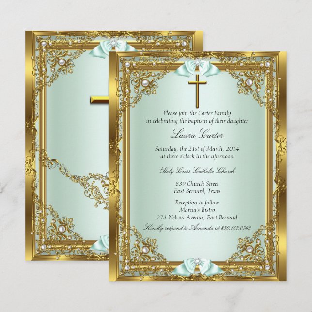 Invitación Mint Gold Pearl Damask Cross Baptism Christening 3 (Anverso / Reverso)