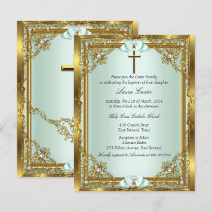 Invitación Mint Gold Pearl Damask Cross Baptism Christening 3