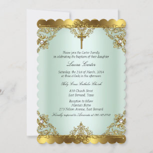 Invitación Mint Gold Pearl Damask Cross Baptism Christening 3