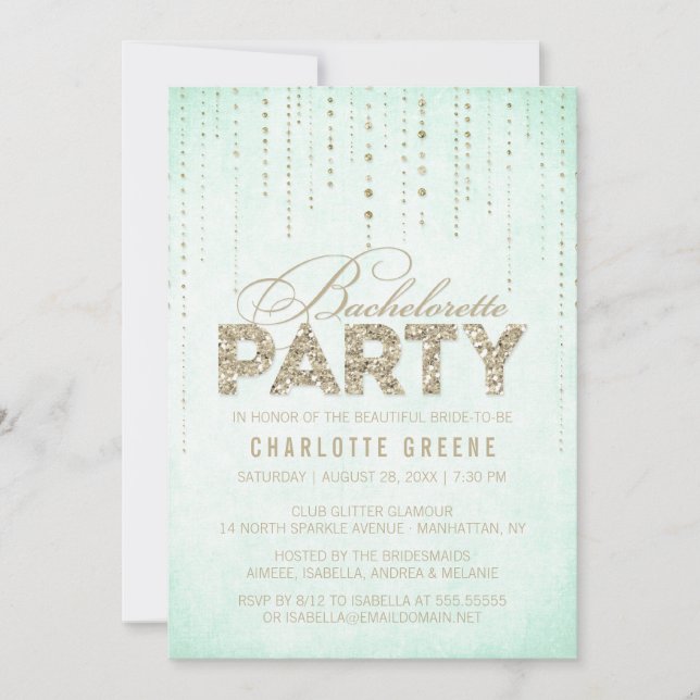 Invitación Mint & Gold Purpurina Look Bachelorette Party (Anverso)